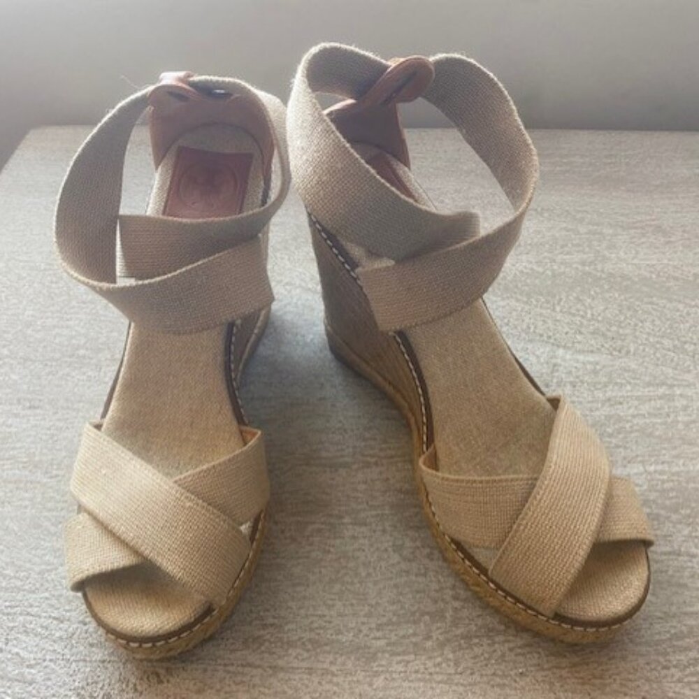 Tory Burch Nude Canvas & Leather Wedge Sandals Size 8B